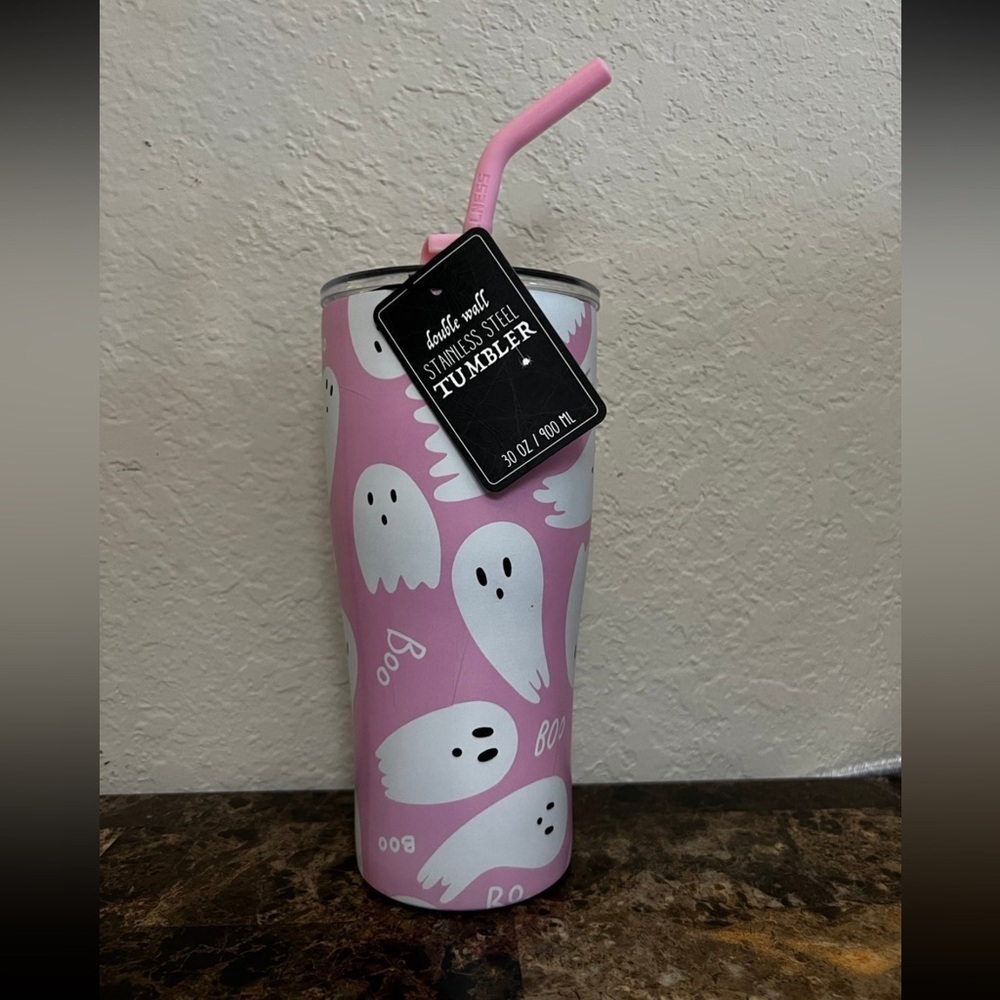 Pink Ghost Stainless Steel Tumbler with Straw